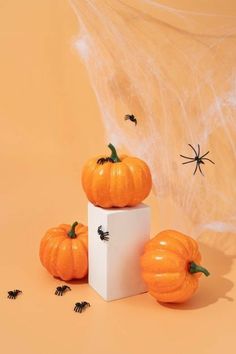 three orange pumpkins sitting on top of a white box in front of a spider net