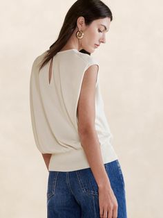 Silvi Drape-Back Tank | Banana Republic Elegant Stretch Soft Knit Top, Chic Fitted Soft Knit Top, Elegant Soft Knit Top For Spring, Chic Fine Knit Top, Versatile Stretch Fine Knit Top, Chic Fitted Textured Knit Blouse, Chic Textured Knit Fitted Blouse, Elegant Fine Knit Tops, Chic Fine Knit Blouse For Layering