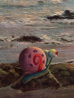 a painting of a snail sitting on top of a rock next to the ocean,