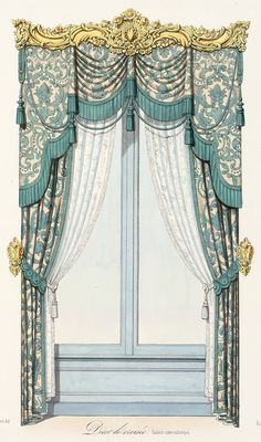 a drawing of a window with curtains and draperies