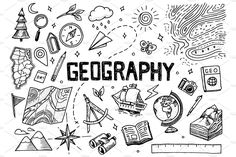 the word geography surrounded by hand drawn doodles and other items on a white background