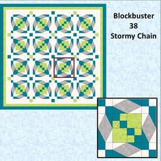 the blockbuster's 3b story chain quilt pattern is shown in blue and green