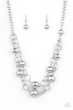 Sections of oversized textured silver links, silver pearls, and shiny silver beads haphazardly connect into two timeless layers below the collar, creating a dramatically refined display. Features an adjustable clasp closure. Sold as one individual necklace. Includes one pair of matching earrings. Silver Pearl Necklace, Paparazzi Accessories, Silver Box, Necklace Online, Paparazzi Jewelry, Shiny Silver, Silver Pearls, Necklace Earring Set, Jewelry Party