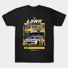 a black t - shirt with an image of two cars on the front and back