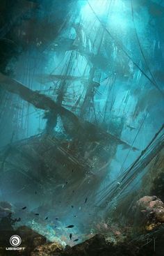 an old ship in the ocean surrounded by seaweed and other marine life, with sunlight streaming through it