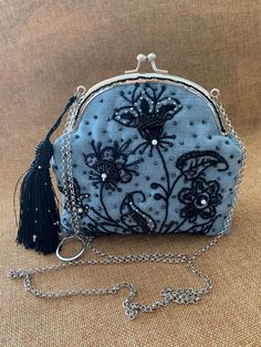 "Small elegant modern embroidered cosmetics bag. Perfectly fits to the evening dress or for every day. Made from denim material. Size 17cmx16cm (7\"x 6\"). Chain hand holder 93cm (37\")" Flower Handbag, Cosmetics Bag, Denim Material, Clutch Handbag, Evening Bags, Evening Dress, Purses And Handbags, Cosmetic Bag, Evening Dresses