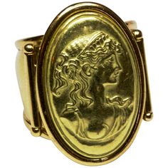 A fabulous example of an embossed portrait ring. beautifully modelled in a rich 18 carat yellow gold. makers mark 'AR' Head: 25.89mm x 19.31mm Band Width: 13.42mm Ring Size: L1/2 or 6 Formal Gold Cabochon Signet Ring, Victorian Gold Engraved Collectible Ring, Heirloom Gold Signet Ring With Cabochon, Gold Heirloom Signet Ring With Cabochon, Gold Round Cameo Signet Ring, Gold Antique Signet Ring For Commemoration, Antique Gold Signet Ring For Commemoration, Gold Cameo Signet Ring Collectible, Antique Gold Signet Ring Collectible