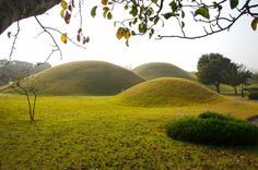 three large mounds in the middle of a grassy field