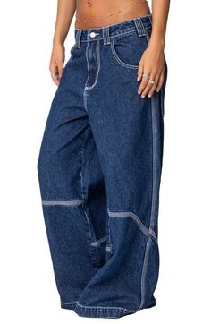 Find EDIKTED Low Rise Super Wide Leg Jeans on Editorialist. Contrasting topstitching frames these ultrawide-leg jeans made from sturdy nonstretch denim and topped with a trendy low-rise waist. Zip fly with button closure Five-pocket style 100% cotton Machine wash, dry flat Imported Super Wide Leg Jeans, Favorite Daughter, Blue Fits, Loungewear Shorts, Designer Clothes For Men, Modern Outfits, Denim Jumpsuit, Sweater And Shorts, Work Fashion