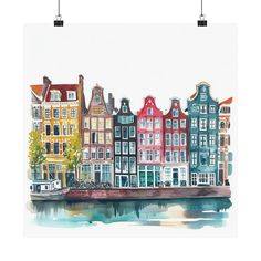 a watercolor painting of many houses on the side of a body of water with boats in front of them