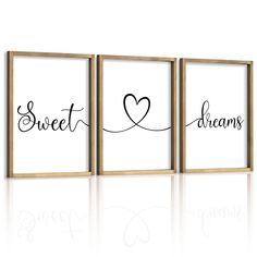 three framed wall art prints with the words sweet dreams, dream and heart on them