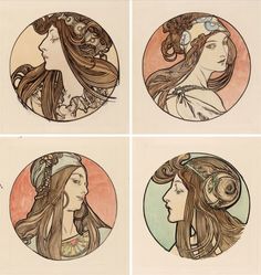 four drawings of women with long hair and flowers in their hair, all wearing headphones