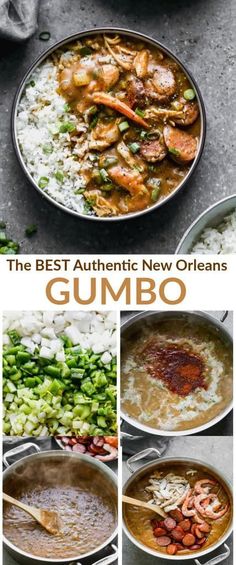 the best authentic new orleans gumbo recipe is shown in this collage with images of shrimp, rice and beans