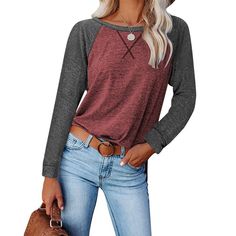 Haute Edition Women's Casual Fall Long Sleeve Top With Raglan Constrast Colorblock Sleeves Long Sleeve Tops Casual, Women Wholesale, Women Long Sleeve Tops, Waist Jeans, Loose Tops, Casual Top, Long Sleeve Casual, Casual Fall, Women's Casual