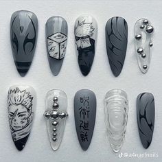 Anime Nail Designs, Jjk Nails, Anime Nail Art, Anime Nail, Fake Nails Designs, Punk Nails, Anime Nails