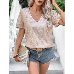 Season:Summer; Fabric:Polyester; Look After Me:Machine wash,Wet and Dry; Gender:Women's; Thickness:Standard; Style:Fashion; Elasticity:Micro-elastic; Tops Type:T Shirt; Occasion:Street,Daily; Fit Type:Regular Fit; Pattern:Plain; Design:Sequins; Neckline:V Neck; Listing Date:05/24/2024; Production mode:External procurement; Bust:; Length:; Sleeve:; Fit US Size:; Fit UK Size:; Fit EU Size:; Print Type:non-printing; Sleeve Length:Short Sleeve Beige Plain, Womens Basic Tops, Sequin Shorts, Plain Design, Online Tops, White Beige, Daily Fashion, Season Summer, Womens Tees