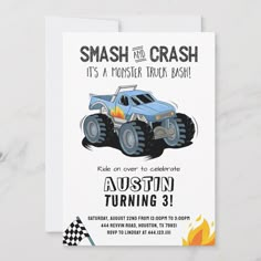 a monster truck birthday party card with the words smash and crash on it