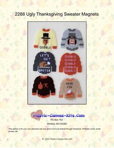 cross stitch pattern for thanksgiving sweater magnets with the words ugly, thanksgiving sweater magnets