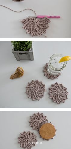 crocheted coasters are being made with yarn and cotton, then placed on the table