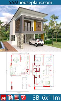 two story house plan with garage and living room in the middle, three bedroom on each floor