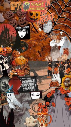 halloween collage with pumpkins, ghostes and other things in the background that are grouped together