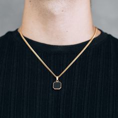 Gold Black Square Pendant Necklace 3mm Curb Chain For Men or Women  Pendant Necklace - Boutique Wear RENN Black Square Pendant Necklace With Box Chain, Black Rectangular Chain Necklace, Minimalist Tarnish Resistant Square Pendant Necklace, Minimalist Tarnish-resistant Square Pendant Necklace, Modern Black Necklace With Square Pendant, Modern Black Square Pendant Necklace, Black Square Necklace For Gift, Black Square Pendant Necklace For Everyday, Everyday Black Necklace With Square Pendant