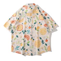 Harajuku Lemon Floral Print Preppy Loose Shirt Features：  Product ID:SS0026 Material:Polyester Season:Summer Color:Apricot  Size Chat： Spring Collared Printed T-shirt, Casual Orange Shirt For Summer, Orange Short Sleeve Shirt For Spring, Summer Patterned Shirt With Graphic Print, Patterned Summer Shirt With Graphic Print, Casual Orange Printed Blouse, Orange Collared Tops For Summer, Casual Patterned Camp Shirt For Spring, Orange Cotton Summer Shirt