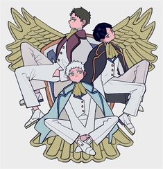 three men sitting on top of each other in front of an ornate emblem with wings