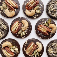 six chocolate covered plates with hot dogs and pretzels on them, all decorated in different designs