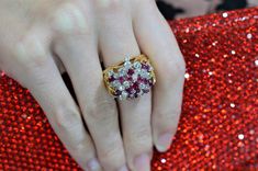 A Ladies 18K Two Tone Stunning Ruby And Diamond Cluster Ring Set With 17 Round Genuine Rubies And 25 Round Brilliant Cut Diamonds Having A Total Approximate Weight Of 2.33 Carats. Cluster Ring Set, Sparkly Jewelry, Diamond Cluster Ring, Diamond Cluster, Round Brilliant Cut Diamond, Cluster Ring, Brilliant Cut Diamond, Druzy Ring, Estate Jewelry