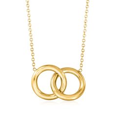 Ross-Simons - Italian 14kt Yellow Gold Interlocking Circle Necklace. 16". Symbolizing the eternal bond of love, this 14kt yellow gold necklace joins two interlocking open circles. Polished finish. Stationed on a cable chain. Made in Italy. Springring clasp, 14kt yellow gold interlocking circle necklace. Luxurious Necklace, Interlocking Circle Necklace, Meaningful Design, Friend Girlfriend, Fine Jewelery, Gifts For Your Sister, Yellow Gold Necklace, Jewelry Stand, Circle Necklace