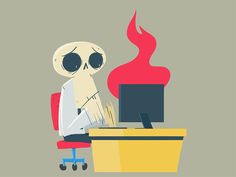 a cartoon skeleton sitting at a desk with a computer on it's side and a flame coming out of the monitor