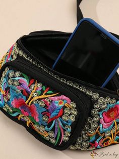 BirdinBag - Chic Embroidered Waist Bag - Vintage Fashion Multicolor Bags With Embroidered Logo For Everyday Use, Black Rectangular Bag With Embroidered Logo, Multicolor Floral Embroidered Shoulder Bag For Travel, Multicolor Floral Embroidery Shoulder Bag For Travel, Embroidered Multicolor Travel Bag, Multicolor Embroidered Travel Bag, Black Festival Bag With Floral Embroidery, Travel Crossbody Bag With Embroidered Logo, Multicolor Floral Embroidery Bag For Daily Use