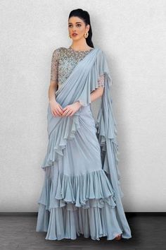 Shop for Jade By Ashima Blue Crepe Draped Ruffle Saree Gown for Women Online at Aza Fashions Engagement Dress For Bride, Lehenga Style Saree, Fancy Sarees Party Wear, Ruffle Saree, Gown For Women, Saree Gown, Lehenga Style, Saree Trends, Party Wear Indian Dresses