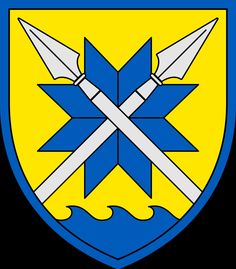 the crest of an organization with two crossed swords on top of each other, in blue and yellow