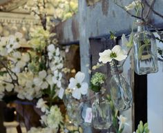 several glass vases with flowers in them hanging from a wall next to each other