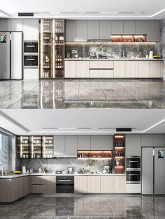 two pictures of the same kitchen in different positions