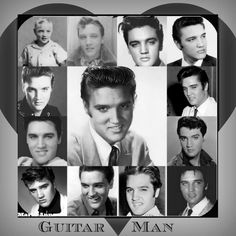 a collage of elvis presley's heads in black and white with the caption guitar man