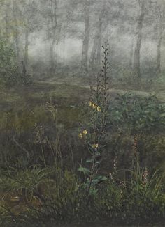 a painting of a forest with flowers in the foreground and fog in the background