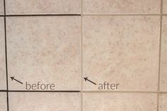 before and after pictures of tile cleaning in a bathroom with white grout on the walls