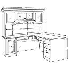 an office desk with drawers and cupboards on the top, measurements for each drawer