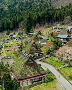 an aerial view of a small village in the middle of trees and grass covered hills