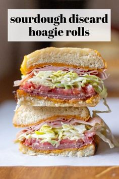 two sandwiches stacked on top of each other with the words sourdough discard hoagie rolls