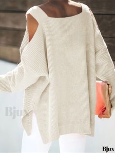 Bjux - Womens Fall/Winter Casual Long Sleeve Sweater, Featuring an Elegant Cold-Shoulder Design and Oversized Fit Casual Cold Shoulder Sweater For Winter, Casual Cold Shoulder Winter Sweater, Elegant Fabric, Shoulder Design, Winter Casual, Sweater Sleeves, Style Elegant, Womens Fall, Sleeve Sweater