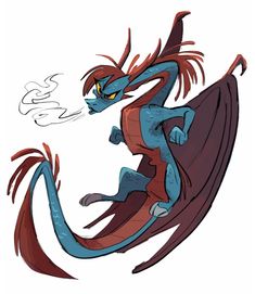 a blue and red dragon flying through the air