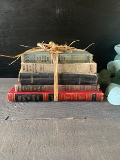 a stack of books tied with twine on top of each other in front of a plant