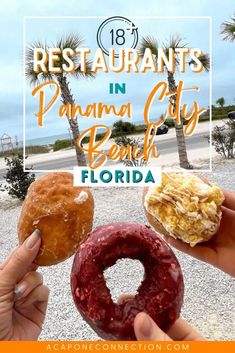 two people holding donuts in their hands with the words, restaurant in panorama city beach florida