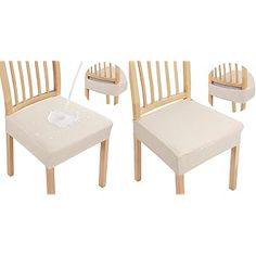 four wooden chairs with white cushions and one has a flower on the seat cushion in front of it