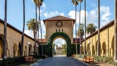 an archway between two buildings with palm trees in the foreground and a walkway leading to it