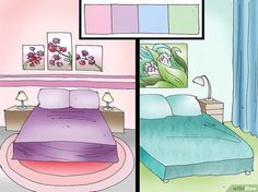 two different pictures of a bedroom with flowers on the wall